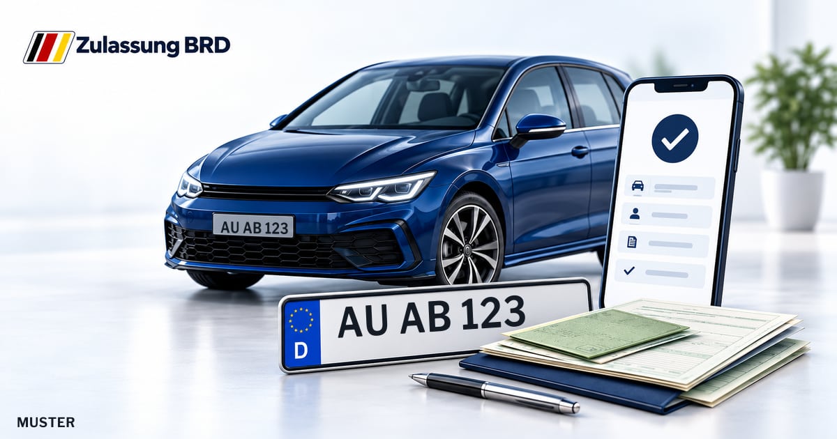Online Fahrzeugzulassung in Oelsnitz/Erzgeb.: Musterkennzeichen AU AB 123, Auto und Fahrzeugpapiere und Smartphone. Illustration mit Logo von Zulassung BRD.